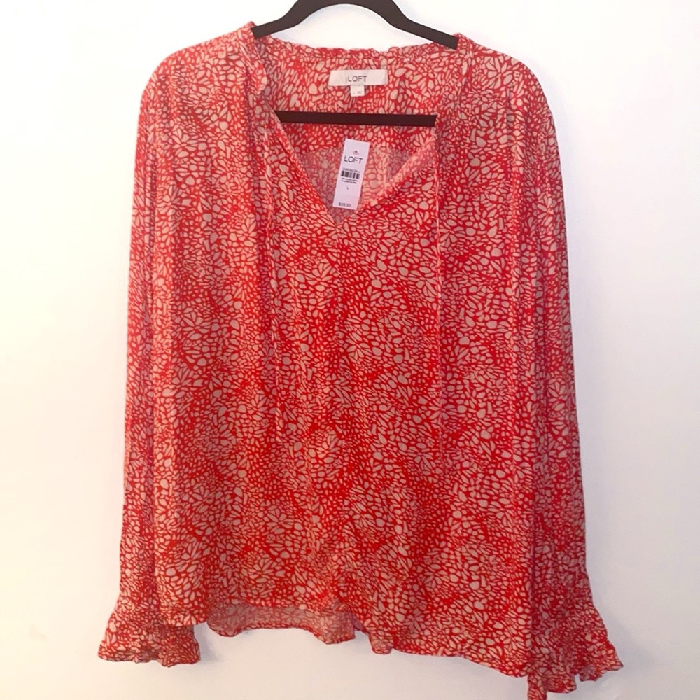 Loft Animal Print Peasant Blouse, SZ L, Red